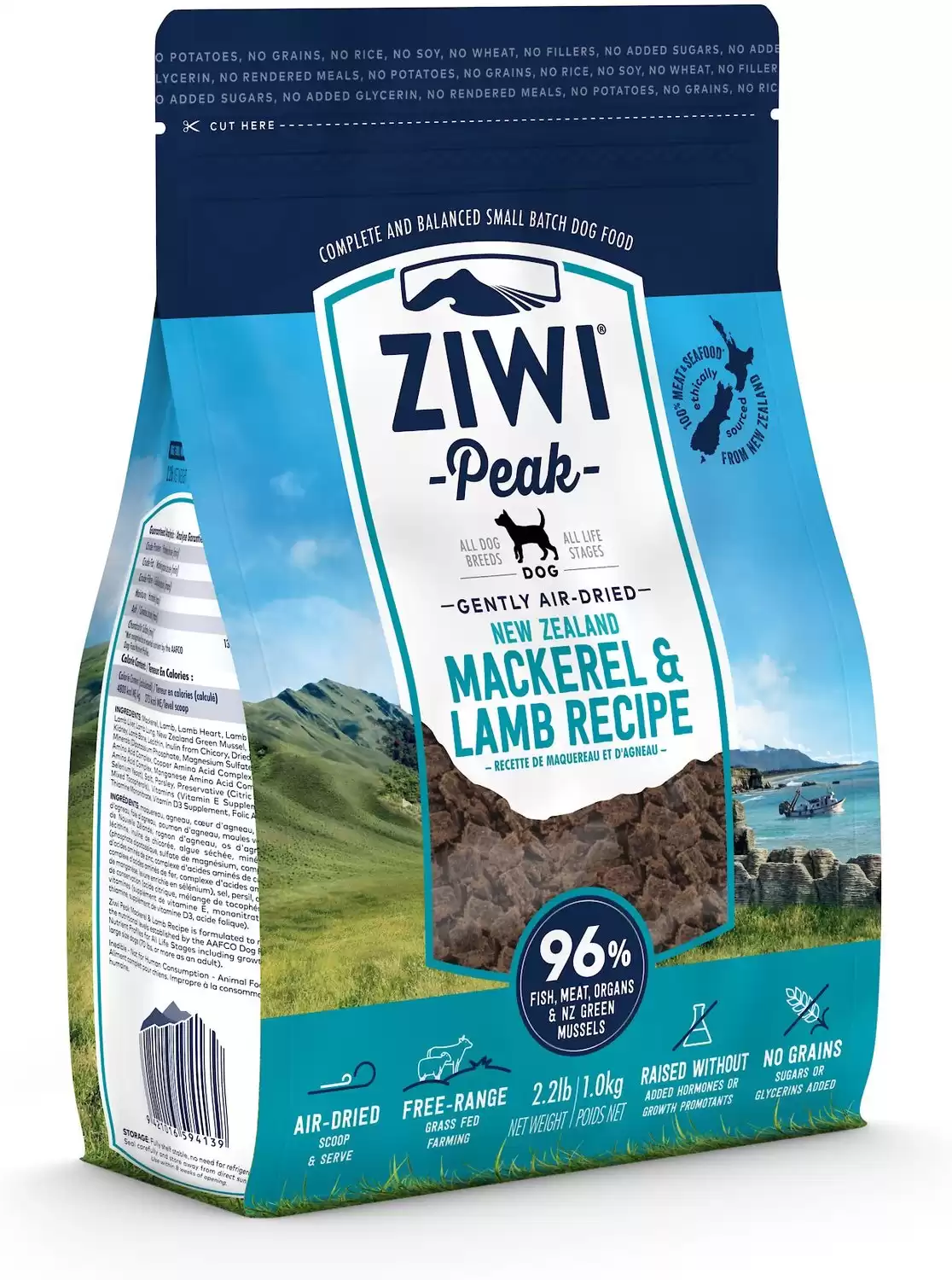 Ziwi Peak Cibo per cani essiccato all'aria senza cereali per sgombro e agnello
