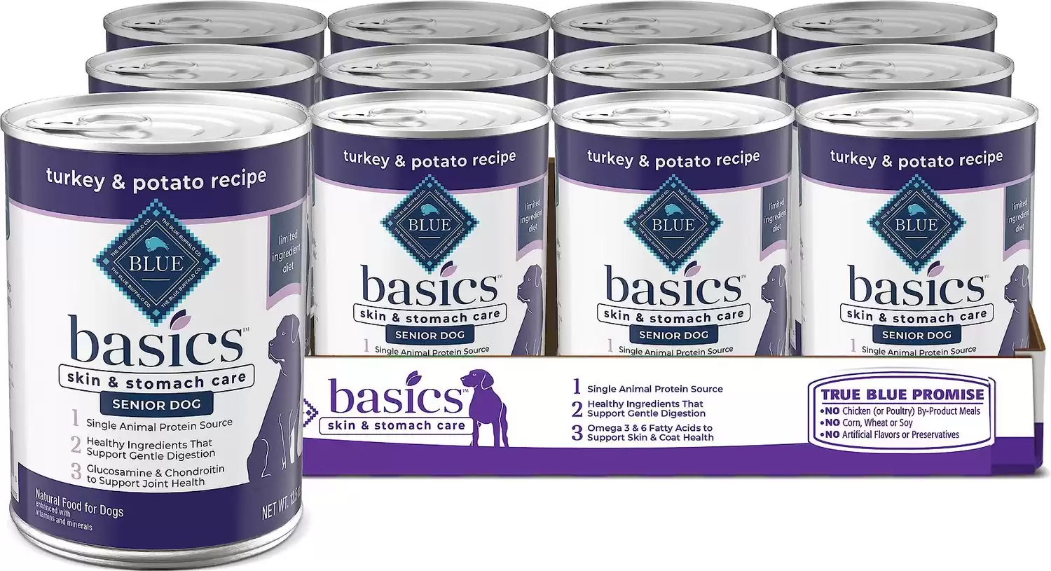 Blue Buffalo Basics Cura della pelle e dello stomaco Alimenti per cani anziani in scatola senza cereali con tacchino e patate
