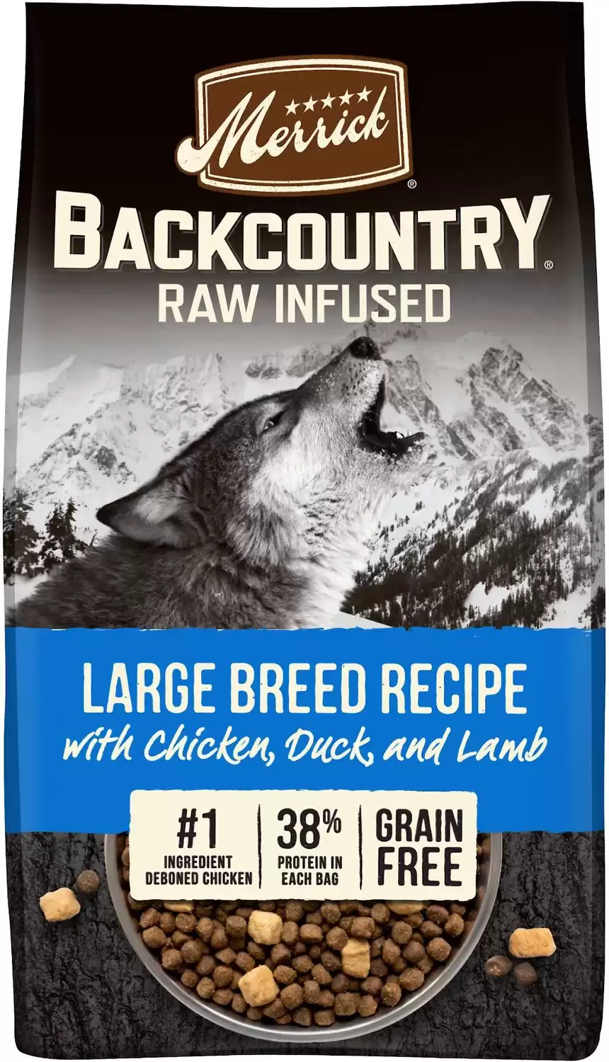 Merrick Backcountry Ricetta per cani di taglia grande senza cereali infusa cruda, sacchetto da 20 libbre