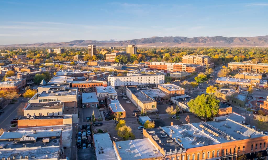 Fort Collins, Colorado, paesaggio urbano, vista aerea, quartiere del centro cittadino