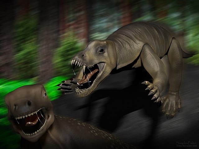 Rendering 3D di Anteosaurus che combatte un altro grande rettile