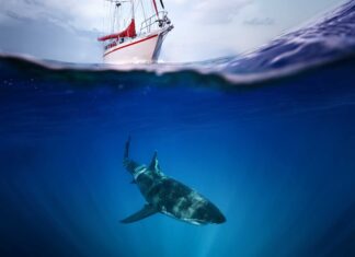 Questo grande squalo bianco di 20 piedi nuota tranquillamente sotto una barca nella baia di Cape Cod
