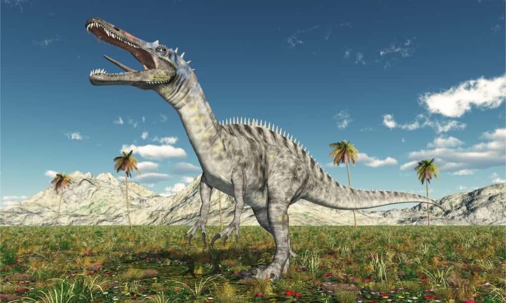 Rendering 3D al computer di Suchomimus in un paesaggio preistorico