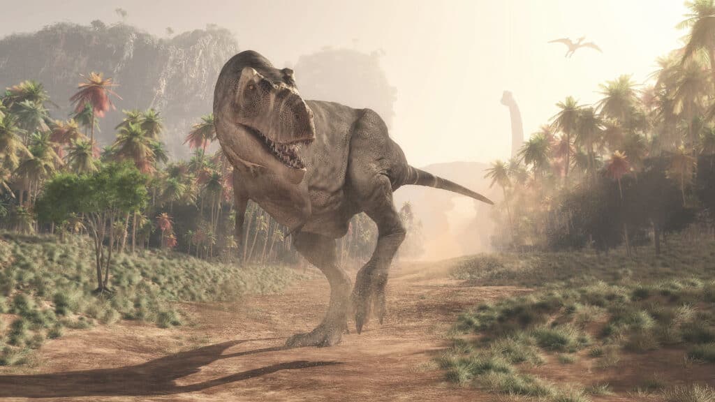 Rendering 3D di un T-rex che corre su un sentiero polveroso