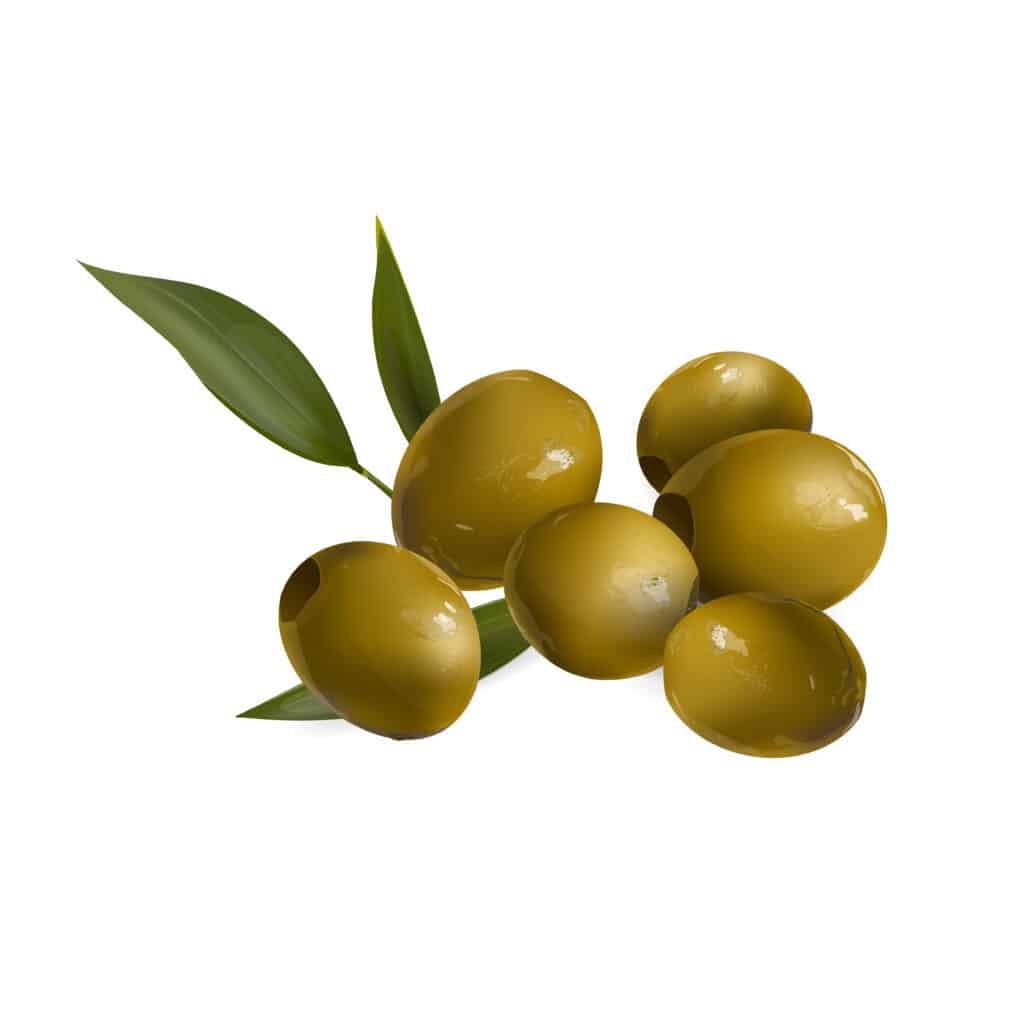 sei olive verdi snocciolate in cima a tre foglie di ulivo su uno sfondo bianco