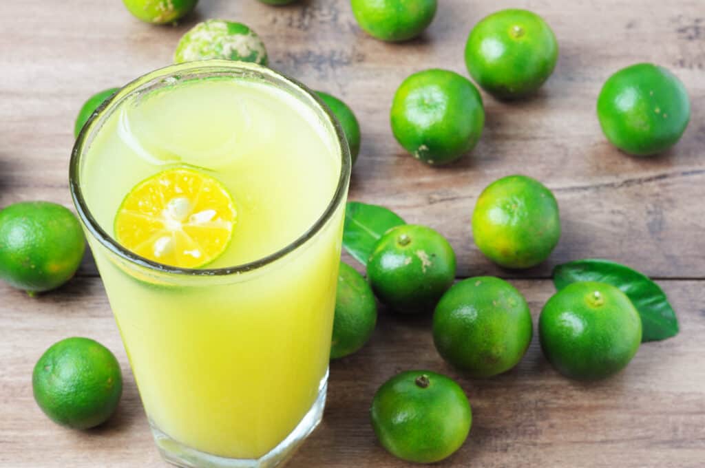 Un bicchiere alto e trasparente pieno di succo di calamansi giallo-verde con una sottile fetta circolare di calamansi che galleggia al suo interno.  Il bicchiere è su un tavolo di legno che contiene anche una decina di frutti interi di calamansi verde brillante.