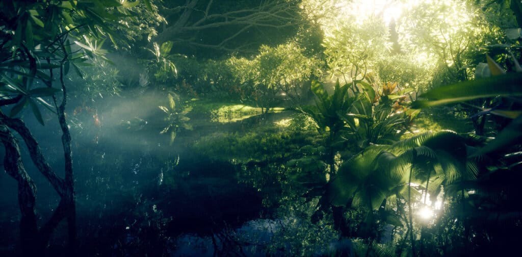 Concetto di paradiso nella giungla.  Vegetazione profonda e densa della foresta pluviale con laghetto e bella luce solare.  rappresentazione 3d.