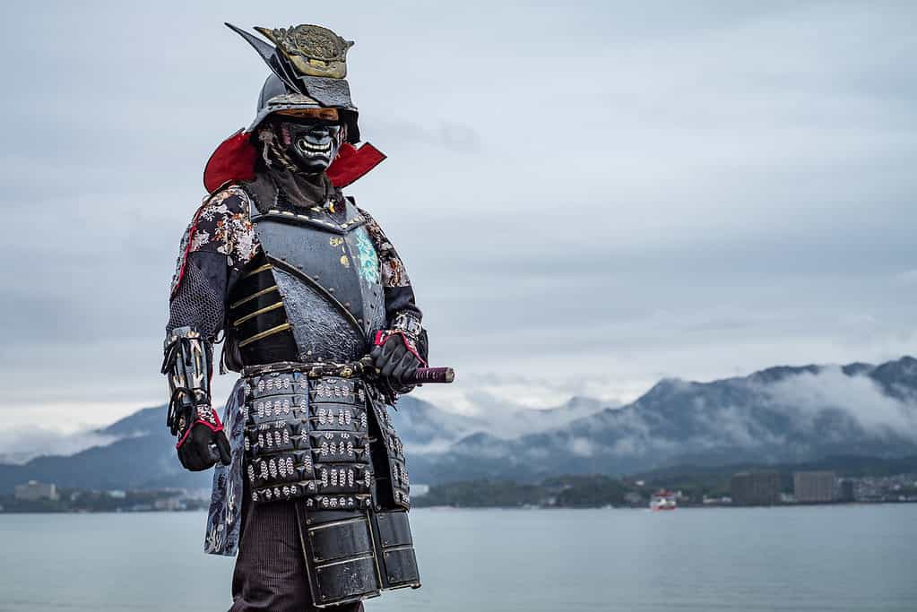 Guerriero samurai con montagne e acqua sullo sfondo
