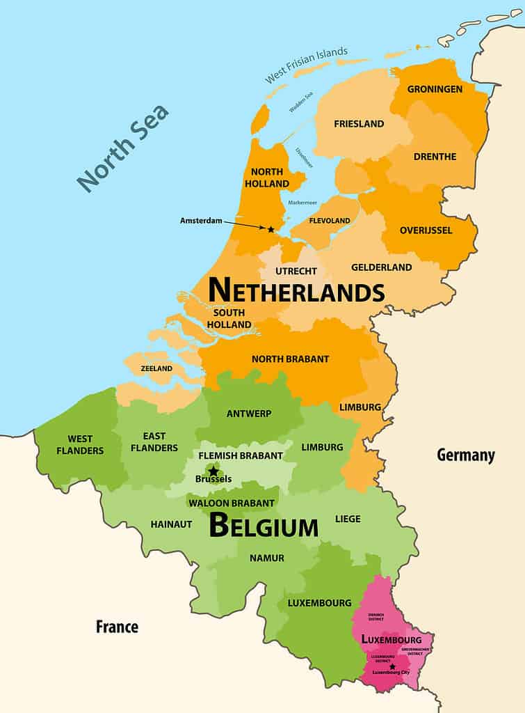 Mappa che mostra Paesi Bassi, Belgio e Germania