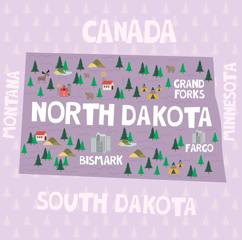 Mappa che mostra il Nord Dakota e le aree vicine