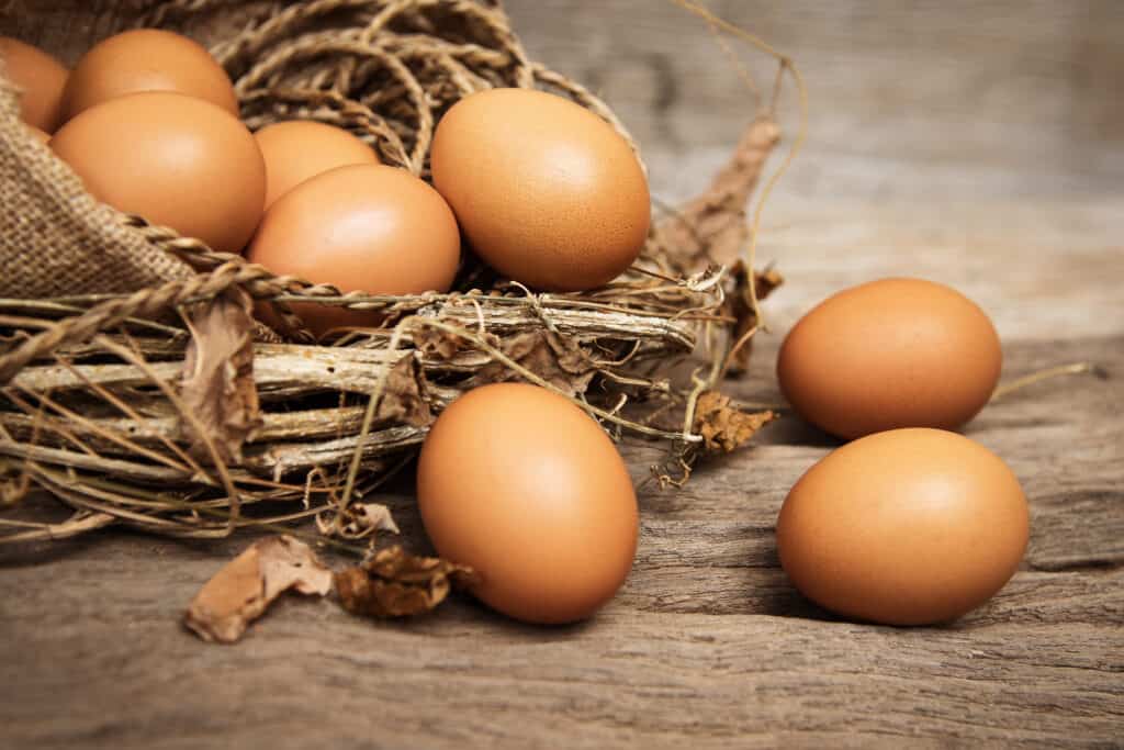 Tre uova di gallina marroni che sembrano essere rotolate fuori da un cesto su una superficie di legno irregolare.  Il paniere contiene ancora almeno sei uova marroni.  Il cestino ricorda un nido d'uccello.  è Ade da ramoscelli e foglie e ha qualche tela associata. 