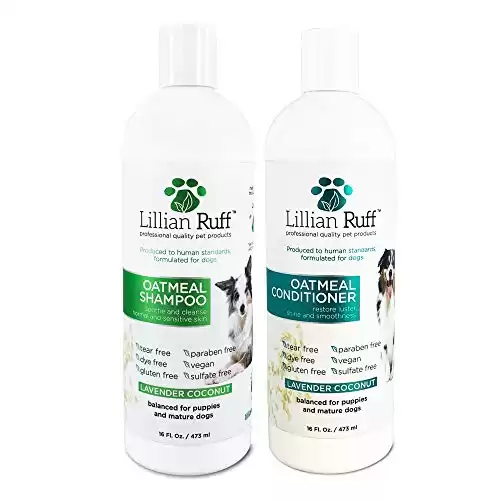 Lillian Ruff Shampoo e balsamo calmanti per animali domestici alla farina d'avena per pelle secca e sollievo dal prurito con aloe e oli essenziali idratanti - Reintegra l'umidità e deodora - Shampoo e balsamo per cani ...