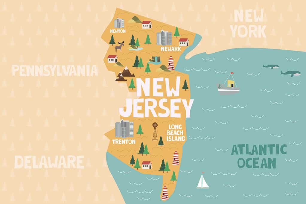 Mappa dello stato del New Jersey e delle aree circostanti