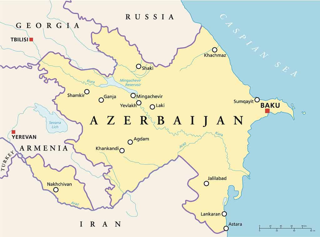 Mappa dell'Azerbaigian e delle aree circostanti.