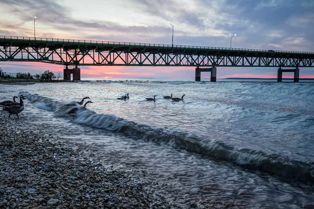 Sotto il ponte Mackinac, stretto di Mackinac