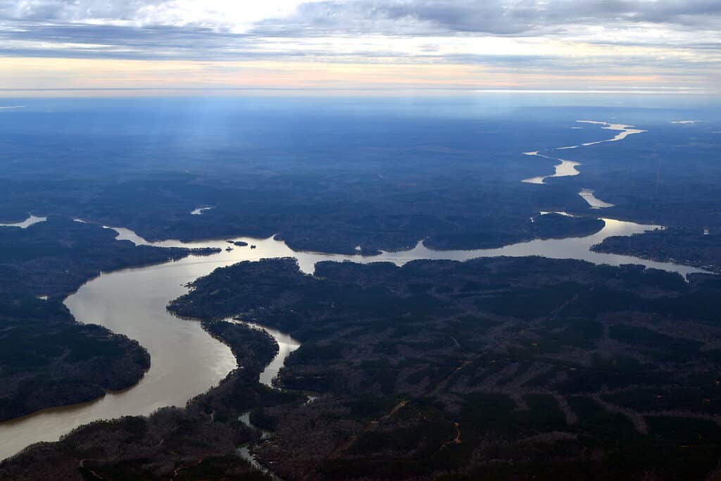 Una veduta aerea del fiume Coosa in Alabama.  Il fiume è visibile serpeggiando attraverso il Fram in diagonale dal frame in alto a destra al frame in basso a sinistra.  Il fiume è circondato da una vegetazione indistinta. 