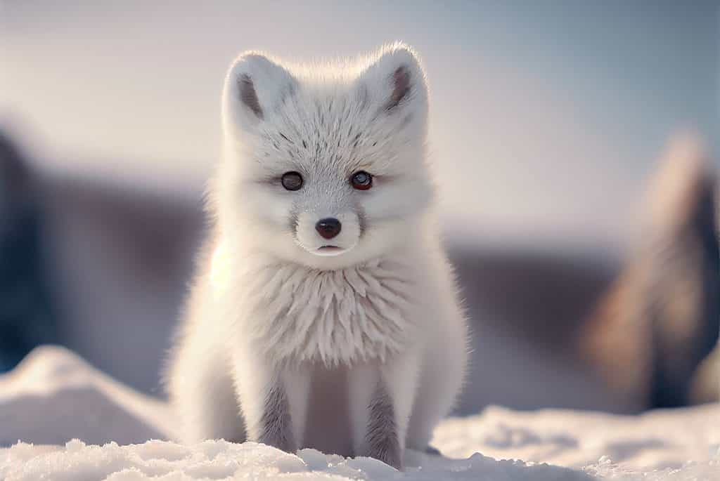 Un simpatico cucciolo di volpe artica si trova nella neve.