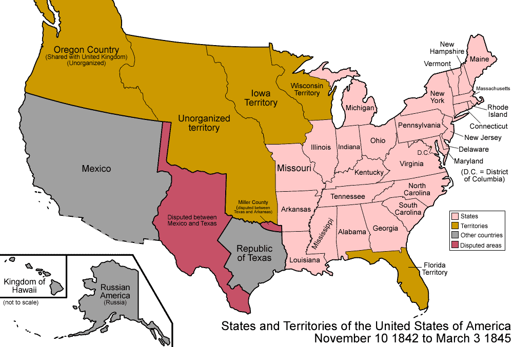 Mappa degli Stati e dei territori degli Stati Uniti - 1842-1845