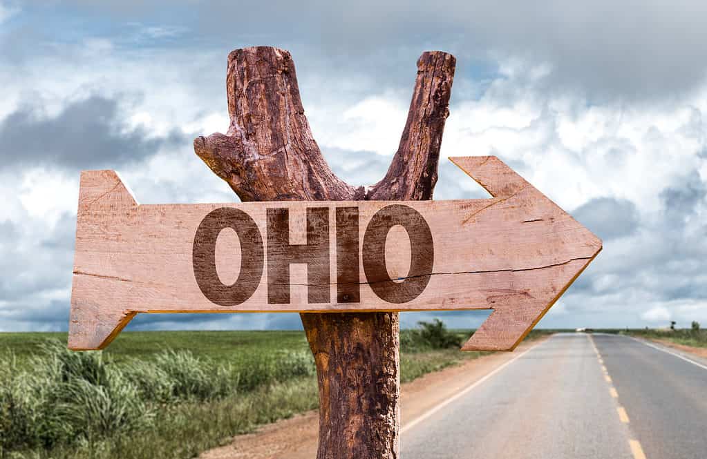 Cartello in legno Ohio con paesaggio agricolo sullo sfondo