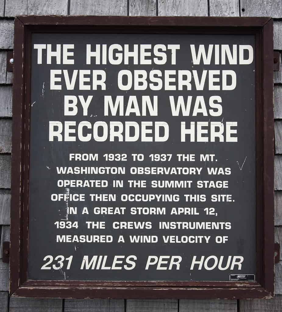 MONTAGGIO WASHINGTON, USA - 8 LUGLIO: Un cartello informa i lettori sulla velocità del vento più alta del mondo l'8 luglio 2011 a Mount Washington, New Hampshire.  Il monte Washington è alto 6.288 piedi.