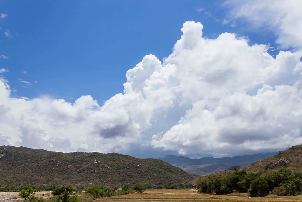 Montagne e nuvole in una giornata di sole nel Parco Nazionale di Núi Chúa, Vietnam