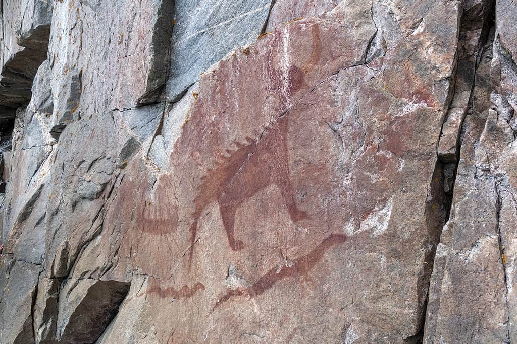 Un antico pittogramma indigeno è dipinto su una parete rocciosa su una scogliera sul lato del Lago Superiore nel parco provinciale.