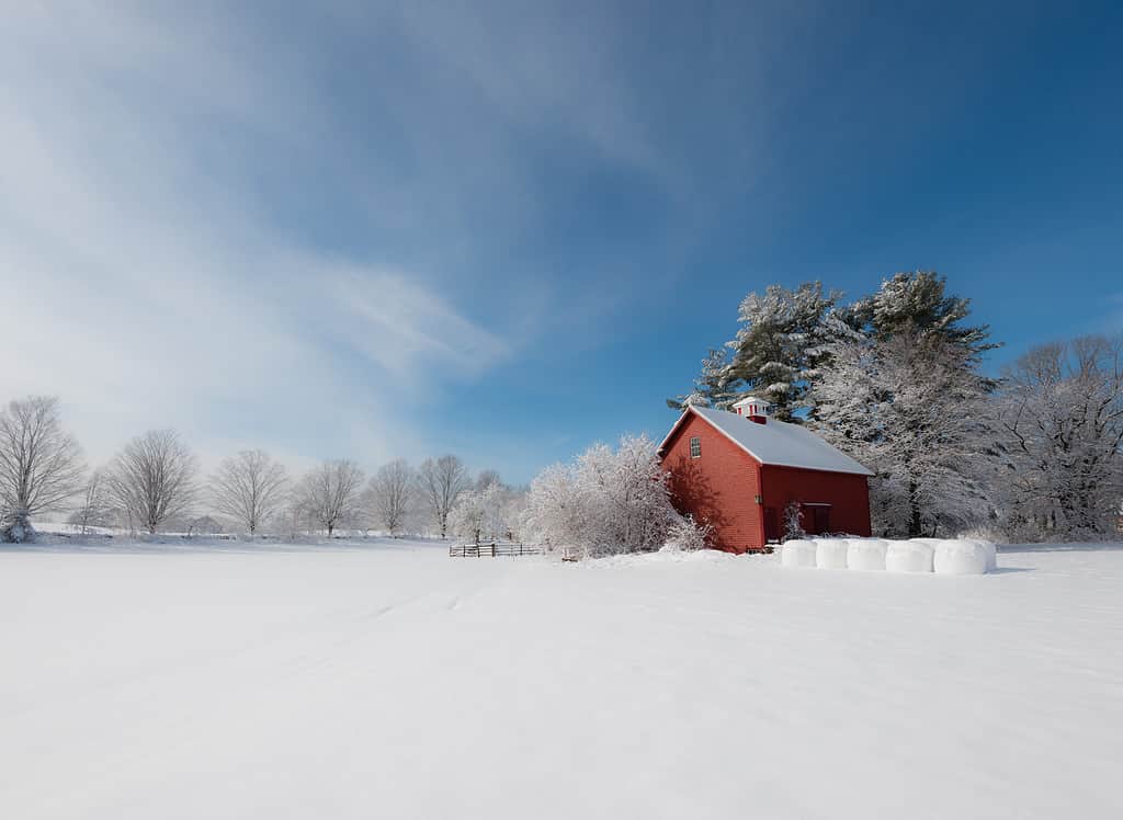 Inverno nel New England.  Fattoria rossa in contrasto con il bianco della neve e il blu del cielo.  Ipswich, Massachusetts, USA