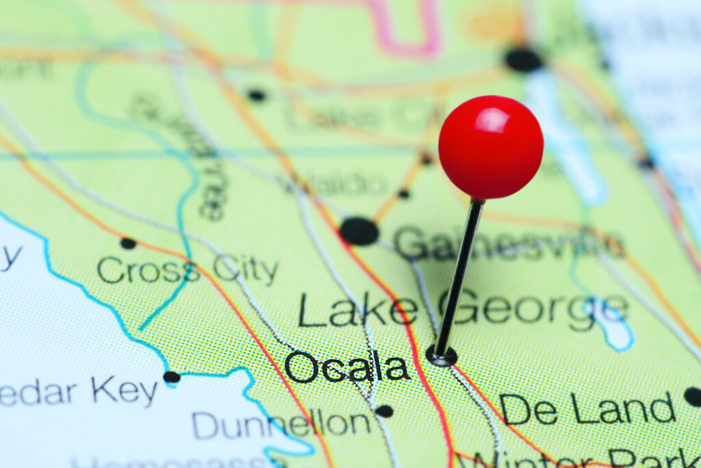 Ocala appuntata su una mappa della Florida, USA