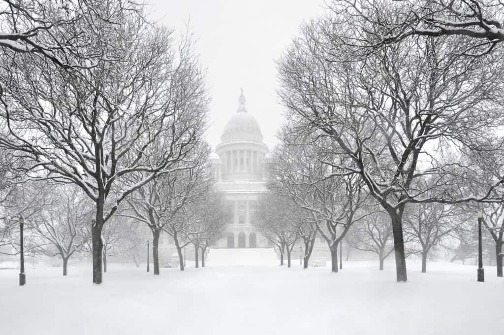 Rhode Island State House nella neve.
