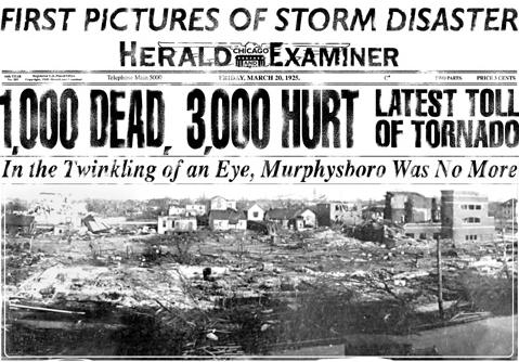 Un titolo dell'Herald Examiner che copre il Great Tri-State Tornado del 1925.