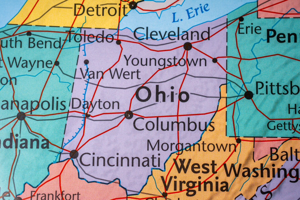 Ohio oh una mappa dello stato degli Stati Uniti, le principali città contrassegnate
