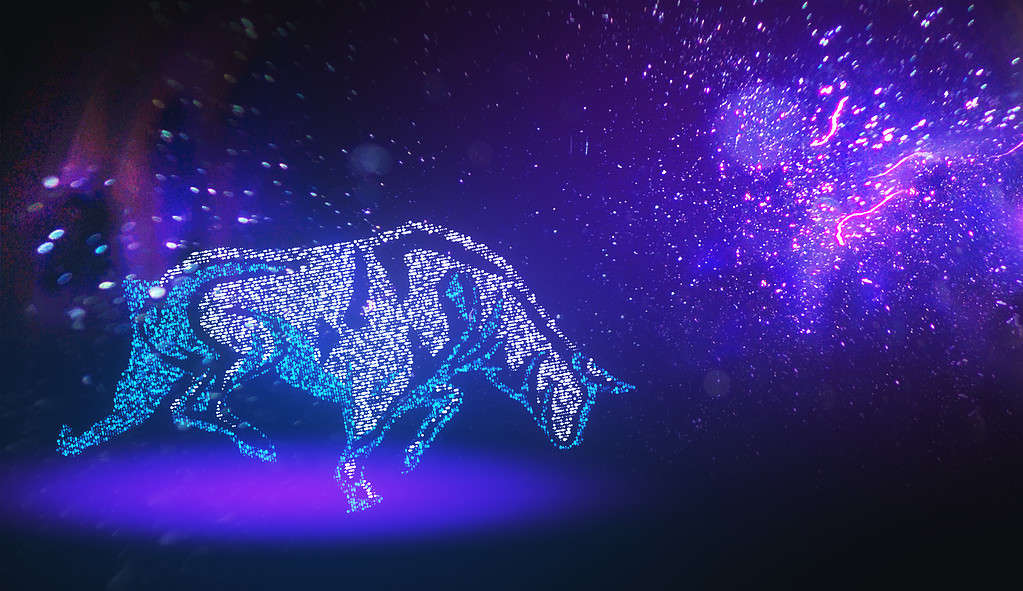 Arte digitale vibrante di toro fatta di stelle su uno sfondo viola