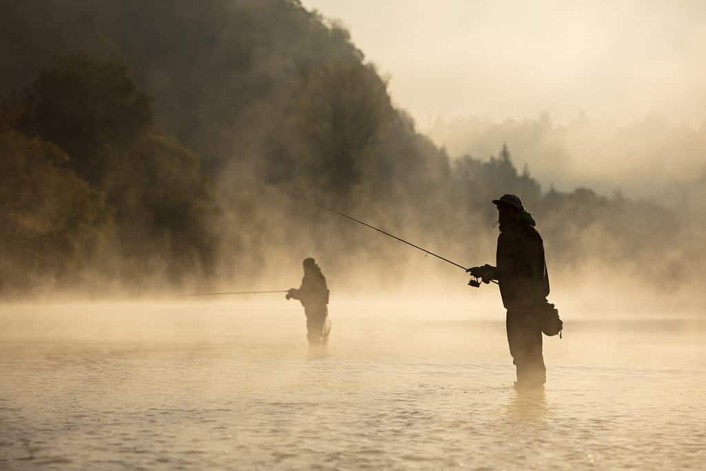 Uomini che pescano nel fiume con canna da mosca durante la mattina d'estate.  Bella nebbia.