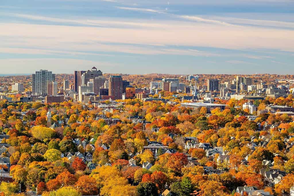 Paesaggio urbano dell'orizzonte del centro della città di New Haven del Connecticut, Stati Uniti d'America in autunno