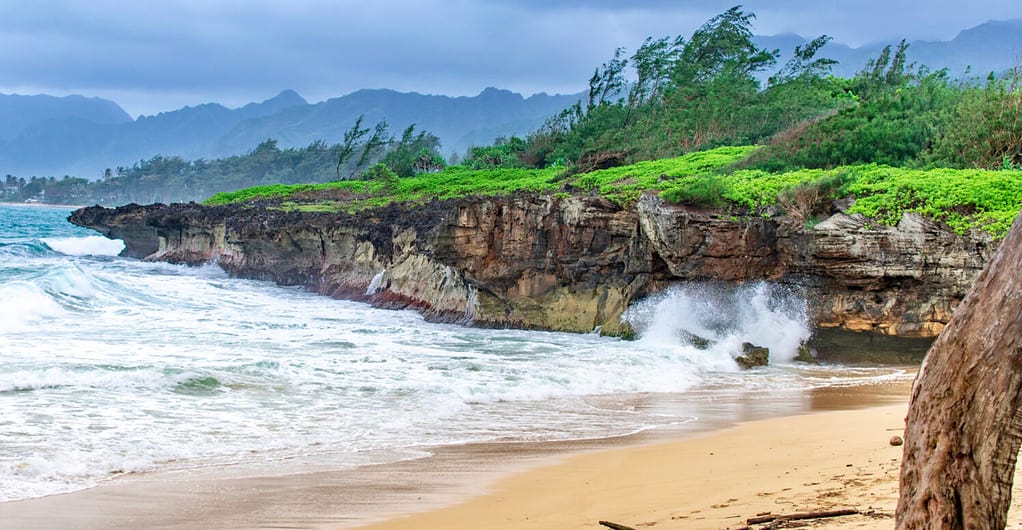 La scogliera calcarea e le forti onde al Laie Beach Park o Pounders Beach , Northshore Oahu Island, Hawaii USA sullo sfondo della spiaggia