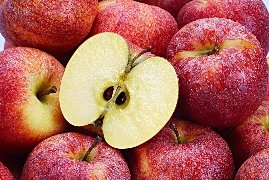 Diverse mele rosse con una mela tagliata a metà, esponendo il suo seme in primo piano