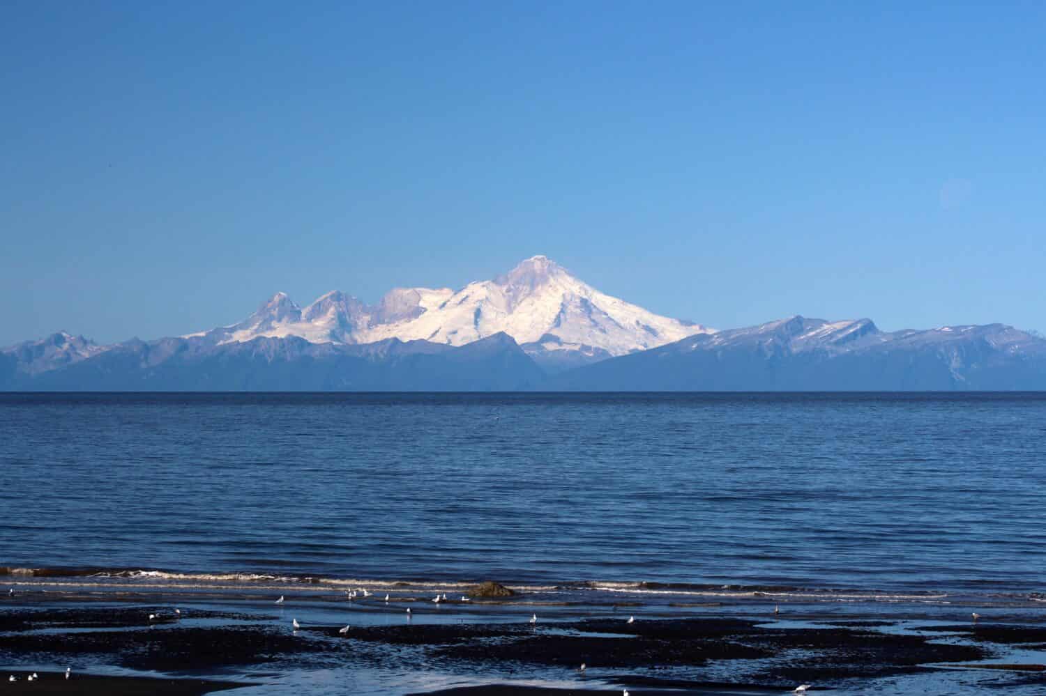 Vista del Cook Inlet in Alaska con il Monte Iliamna sullo sfondo
