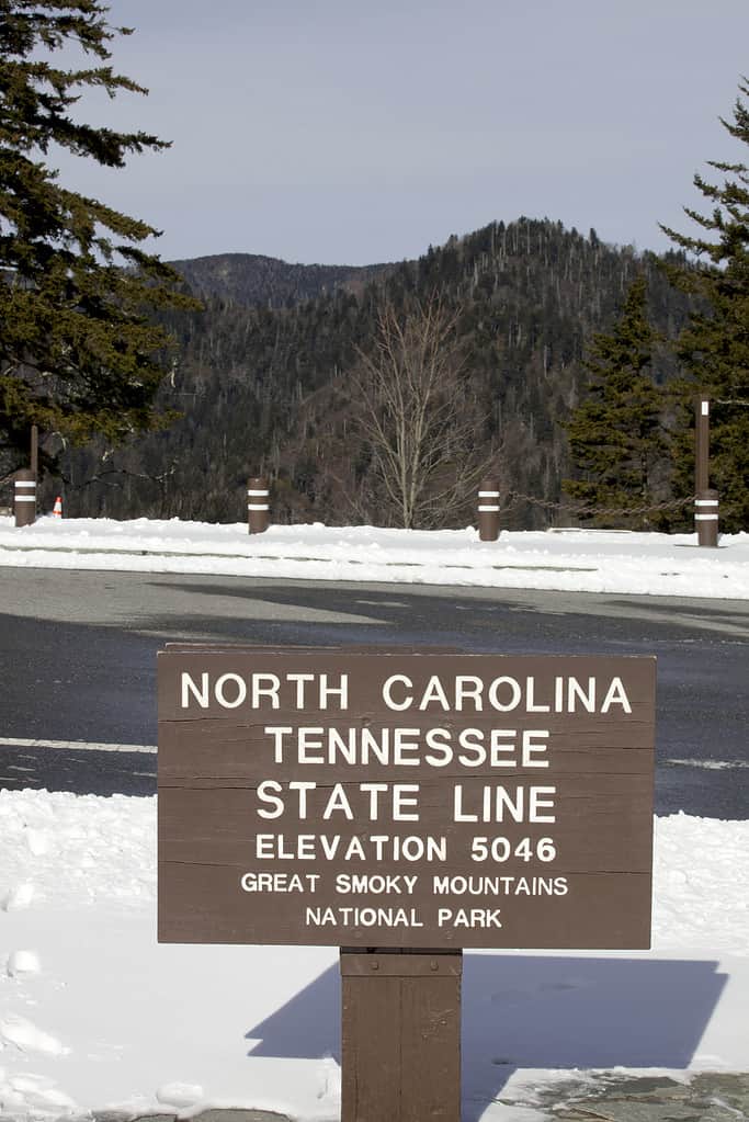 Segno che indica il confine tra North Carolina e Tennessee a Newfound Gap nelle Great Smoky Mountains