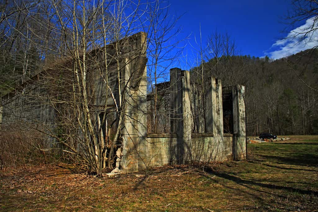 Rovine della città fantasma di Mortimer, North Carolina.