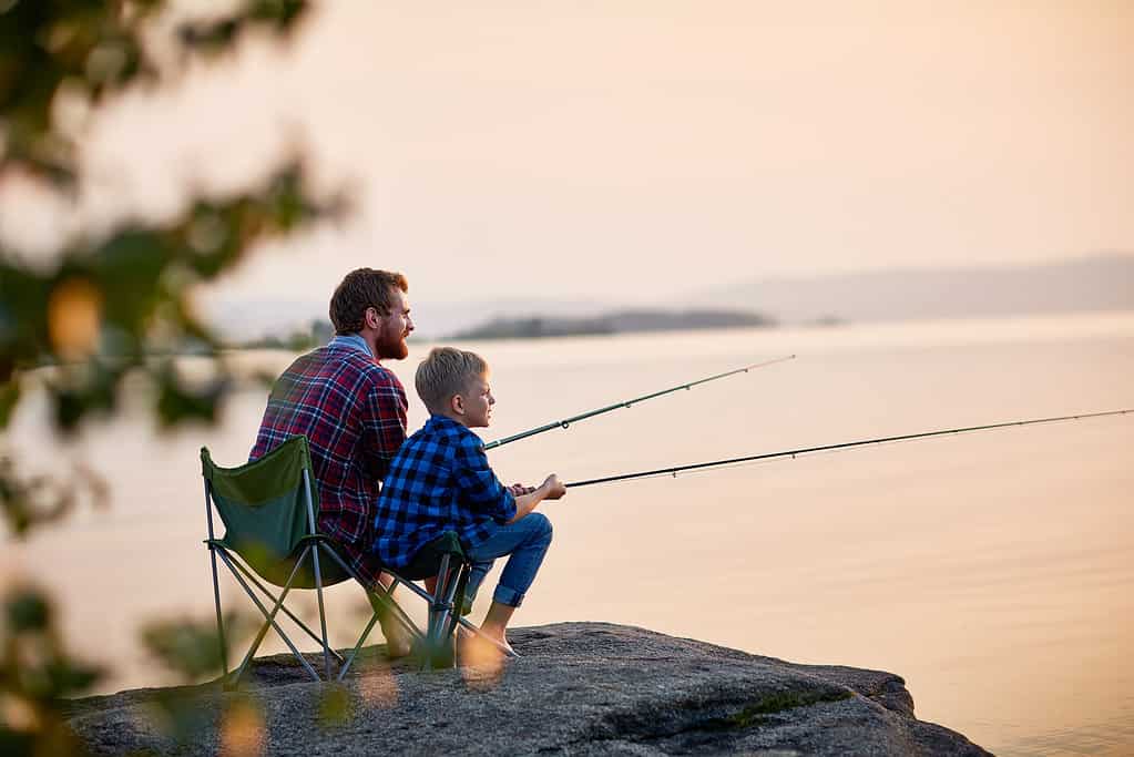 Vista laterale ritratto di padre e figlio seduti insieme sulle rocce a pescare con le canne nelle calme acque del lago con il paesaggio del sole al tramonto, entrambi indossano camicie a scacchi, girato da dietro l'albero