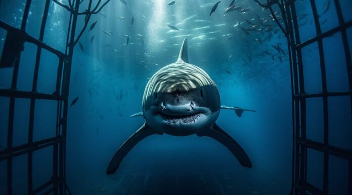 Guarda un sub nuotare per salvarsi la vita dopo che un grande squalo bianco di 16 piedi è esploso nella sua gabbia
