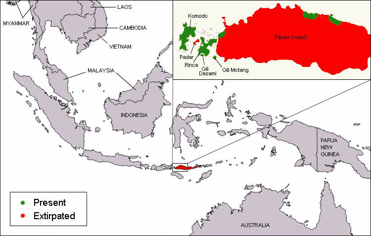 Mappa di distribuzione del drago di Komodo