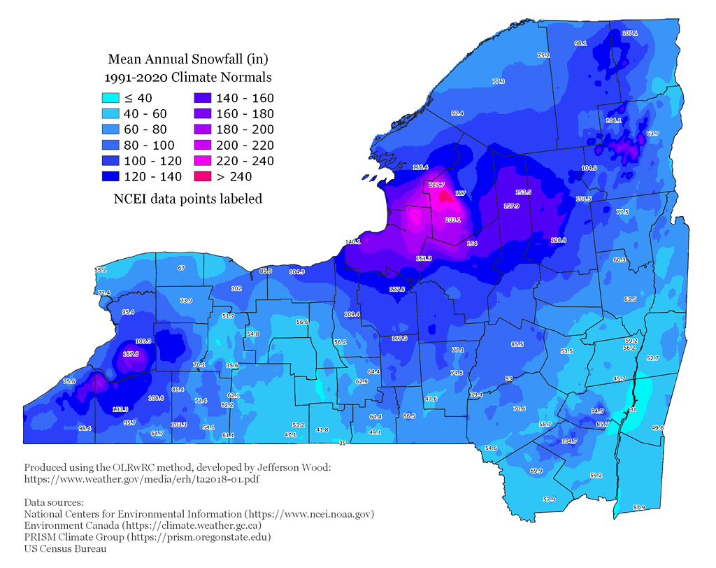Mappa delle nevicate medie per lo stato di New York
