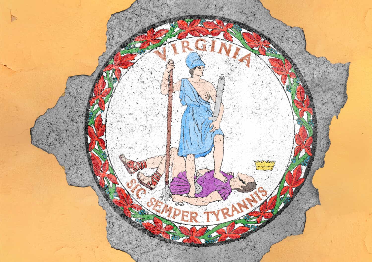 Bandiera del sigillo della Virginia dello stato degli Stati Uniti nella struttura della facciata del foro di cemento di grande materiale rotto