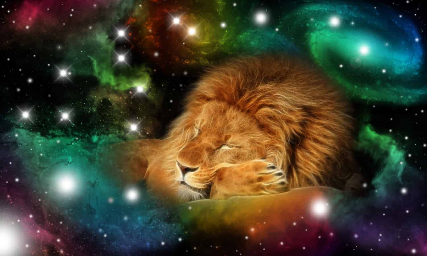 segno dello zodiaco leo - ritratto di un leone in un universo colorato con alcune galassie e stelle