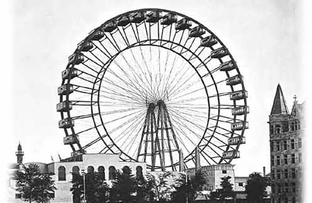 Fotografia in bianco e nero della ruota panoramica originale all'Esposizione colombiana mondiale del 1893 a Chicago, IL