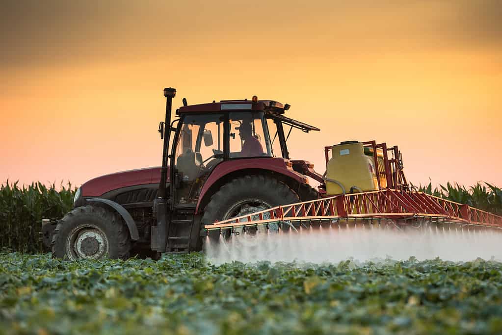 Trattore che spruzza pesticidi sul campo vegetale con irroratrice in primavera