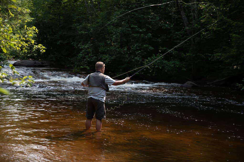 Pesca a mosca su un fiume Michigan