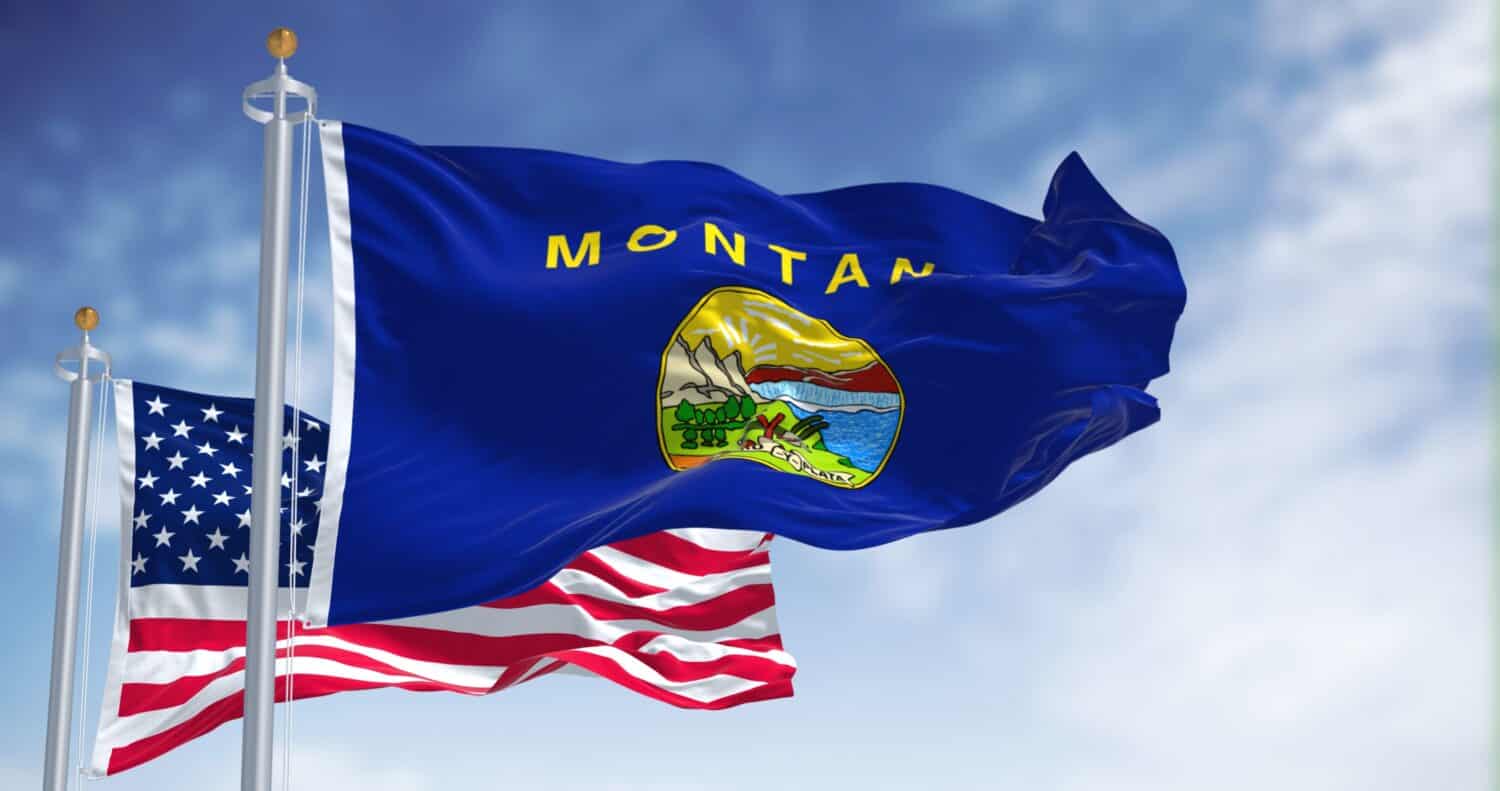 La bandiera dello stato del Montana sventola insieme alla bandiera nazionale degli Stati Uniti d'America.  Sullo sfondo c'è un cielo limpido.  Il Montana è uno stato degli Stati Uniti occidentali