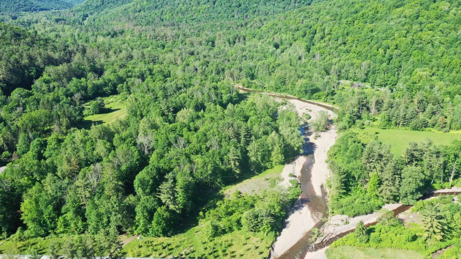 Esopus Creek scorre attraverso le Catskill Mountains e oltre Indian Grove a Big Indian, Shandaken, New York, USA 